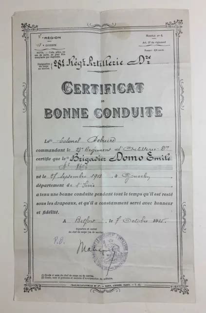 CERTIFICAT DE BONNE Conduite 28 Régiment dArtillerie 1935 Colonel a