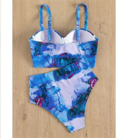 Blue Marble Print High Waist Bikini Set Swimwear India