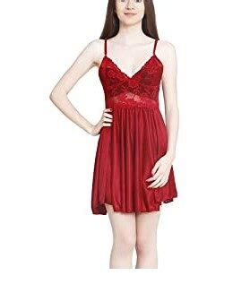 Satin Babydoll Nightwear Dress Babydoll Dress For Sexy Lingerie Nighty For Women Free Size Rose