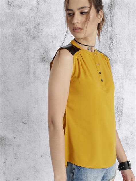 Buy Roadster Women Mustard Yellow Solid Sleeveless Top Tops For Women