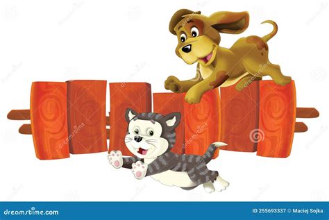 Cartoon Dog Chasing Cat Over the Fence Friends Illustration Stock ...