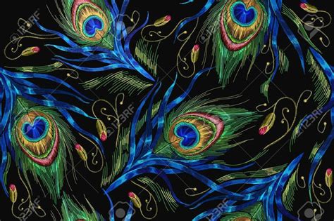 Embroidery Peacock Feathers Seamless Pattern Classical Fashionable