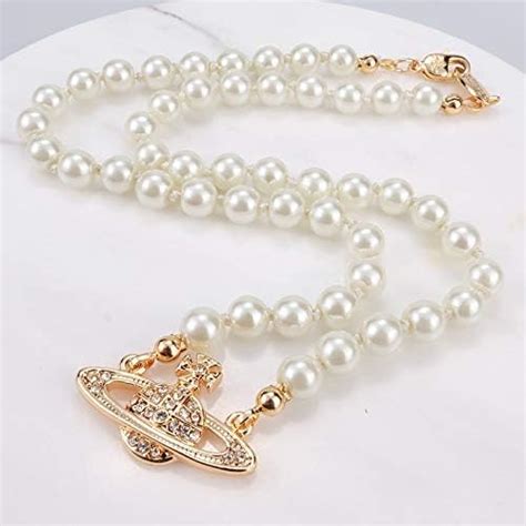 Beautybigbang Damen Kette Saturn Planet Halskette White Pearl Bead