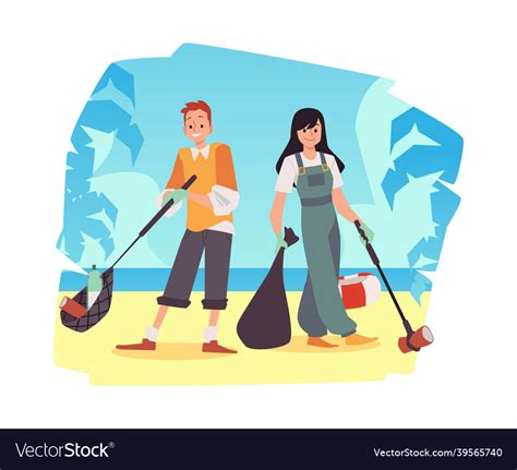 Volunteers at coastal cleanup event flat Vector Image