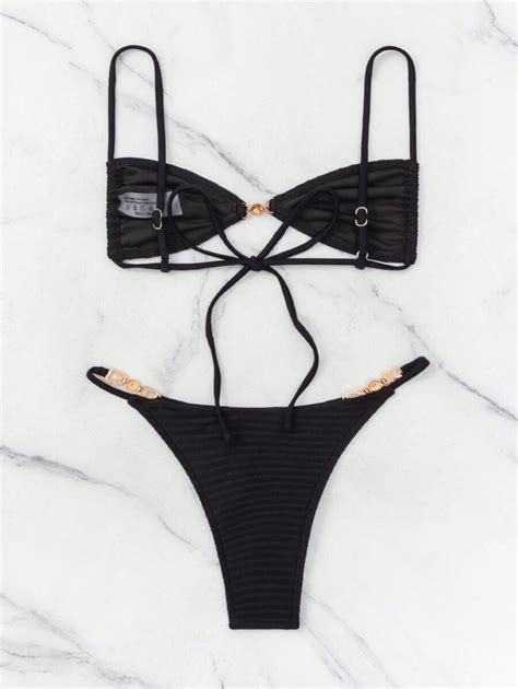 Women S Micro Bikini Set Special Style Without Padding Backless Tied Top And Chain Bottoms