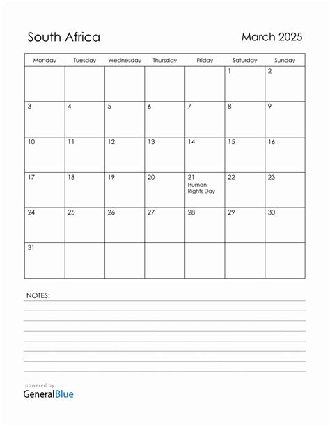 March 2025 South Africa Calendar with Holidays