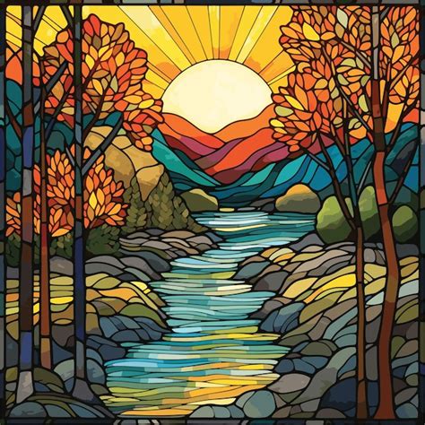 Premium Vector Landscape Stained Glass Background Nature Design