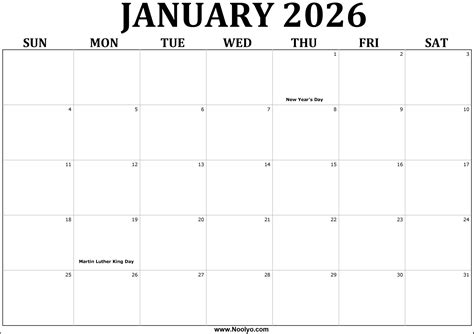 2026 January Calendar Printable – Noolyo.com
