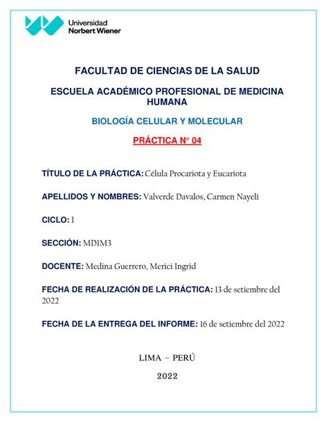 Informe De PrÁctica N°04 Facultad De Ciencias De La Salud Escuela AcadÉmico Profesional De