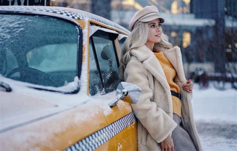 Wallpaper Winter Machine Look Girl Snow Smile Blonde Taxi Olga Sergey Churnosov Images