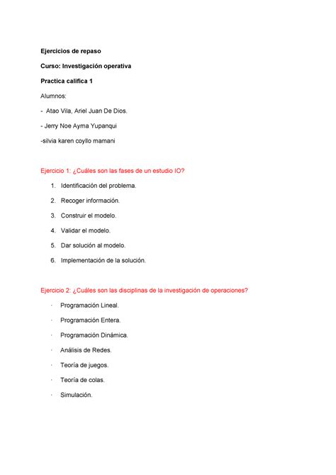 Investigacion Operativa Ejercicios de repaso Curso Investigación