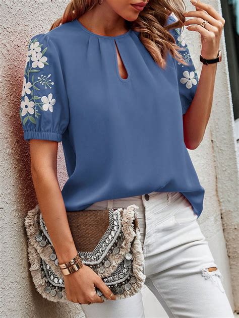 Shein Lune Blusa Impress O Floral Decote Buraco De Fechadura Manga