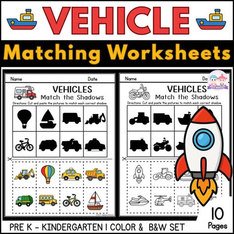 vehicle shadow matching worksheets transportation cut  paste