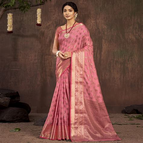 Pink Woven Poly Cotton Saree