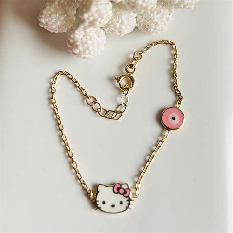 14K Solid Gold Hello Kitty Bracelet/hello Kitty Pink Evil Eye Bracelet ...