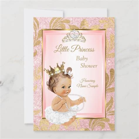 Pink Glitter Gold Princess Baby Shower Brunette Invitation Zazzle
