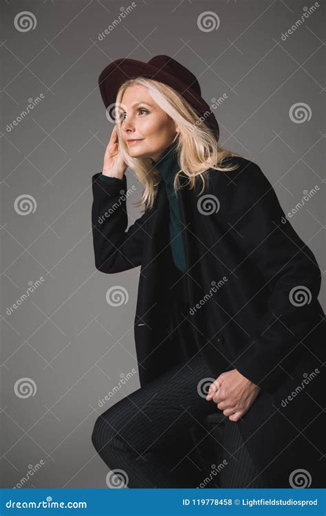 Attractive Mature Woman In Coat And Hat Stock Photo Image Of Femininity Coat