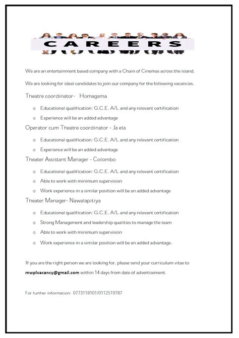 Theater Coordinator Operator Cum Theater Coordinator Theater Assistant Manager