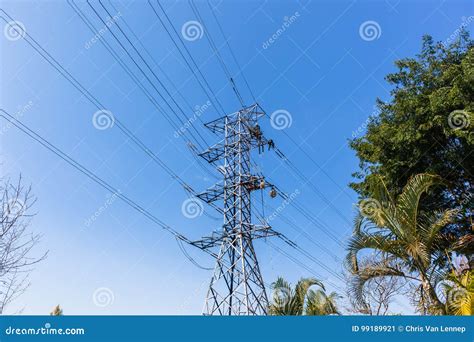 Electricity Power-Lines Maintenance Workers Stock Image - Image of ...