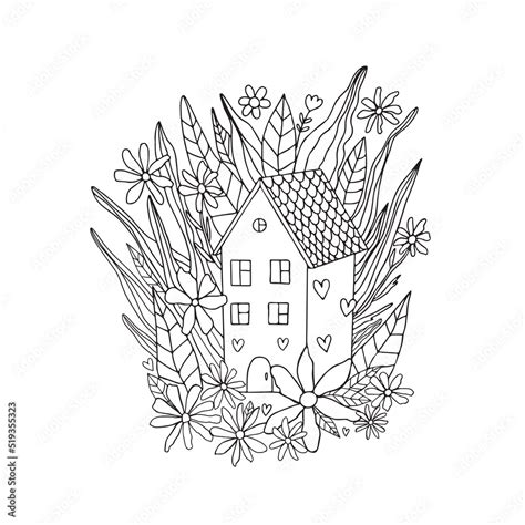 House Flowers Coloring Pages Cozy Country Houses With Flowers And Leaf