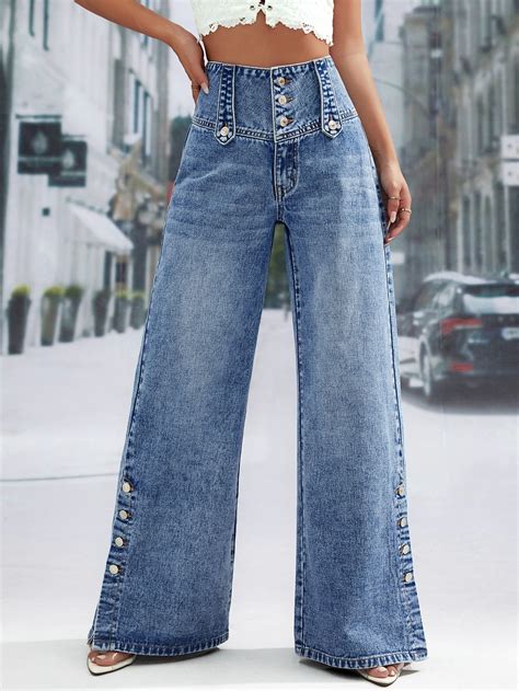 Medium Wash Collar Denim Plain Wide Leg Embellished Non Stretch Women