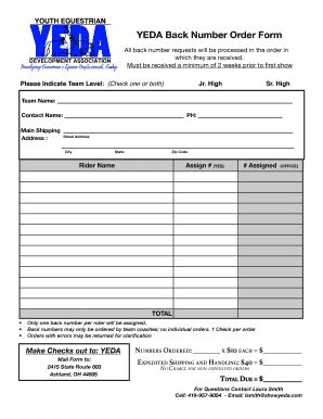 Fillable Online Yeda Back Number Order Form Fax Email Print Pdffiller