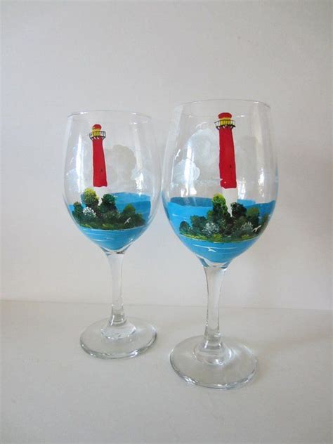 Hand Painted Lighthouse Wine Glasses 2 Glasses With Images Diy Wine Labels Lighted