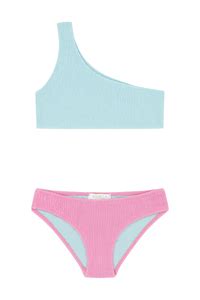 Kız Çocuk Bürümcük Dokulu Tek Omuz Kontrast Bikini Takım