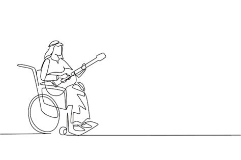 Premium Vector Continuous One Line Drawing Arab Man Sit Wheelchair