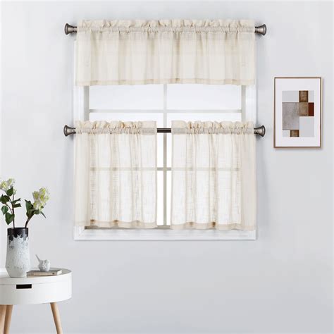 Style Three Piece Rod Pocket Linen Semi Sheer Kitchen Window Curtain