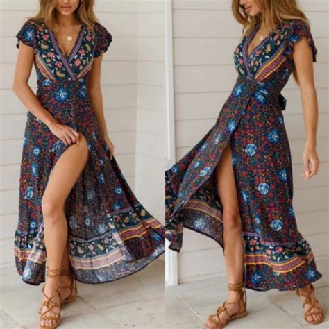 Bellanblue Dresses In Stock Boho Chic Gypsy Floral Print Wrap Maxi