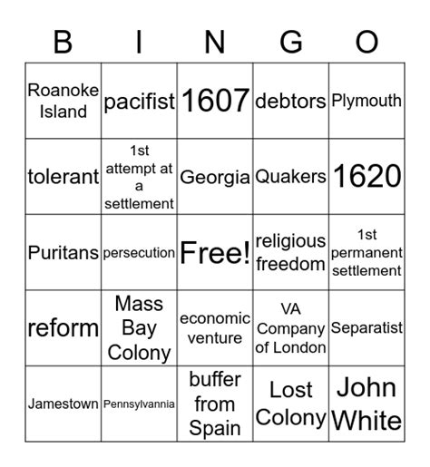 Early English Settlements Bingo Card