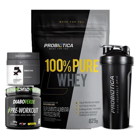 Kit 100 Pure Whey 900g Probiotica Pré Treino Diabo Verde 300g