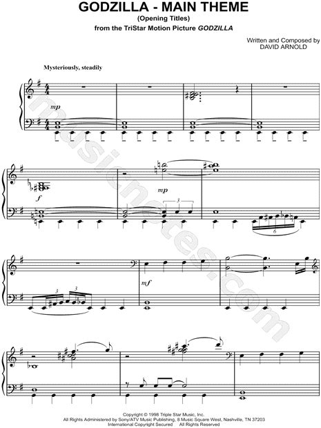 Godzilla Main Theme From Godzilla 1998 Sheet Music Piano Solo