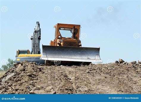 Bulldozer And Excavator On Road Construction Stock Image ...