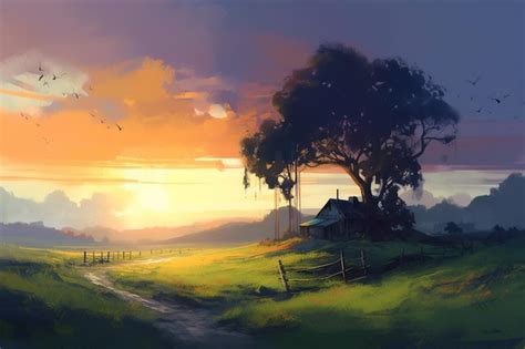 Premium AI Image | A painting of a farm with a sunset in the background