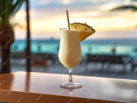 Premium Ai Image Pina Colada Cocktail On The Table In Front Of The Sunset On The Sea Tropical