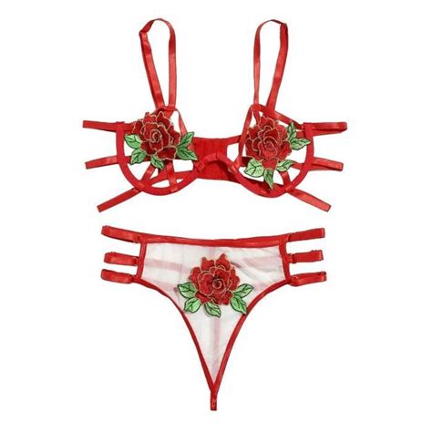 G String Rose Fleurs Broderie Bralette Cupless Dentelle Soutien Gorge Bustier Lingerie Rouge
