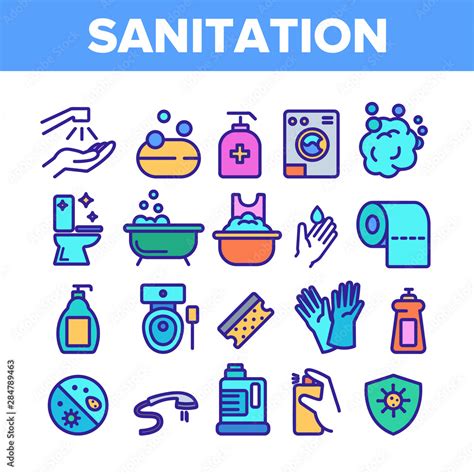 Color Sanitation Elements Icons Set Vector Thin Line Washing Hand And