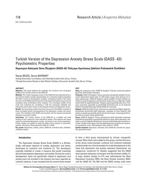 PDF Turkish Version Of The Depression Anxiety Stress Scale