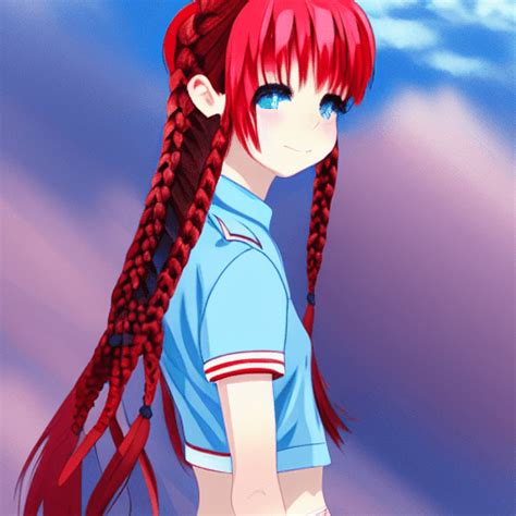 Anime Girl with Red Hair in Two Braids Blue Skirt Red Shoes · Creative ...