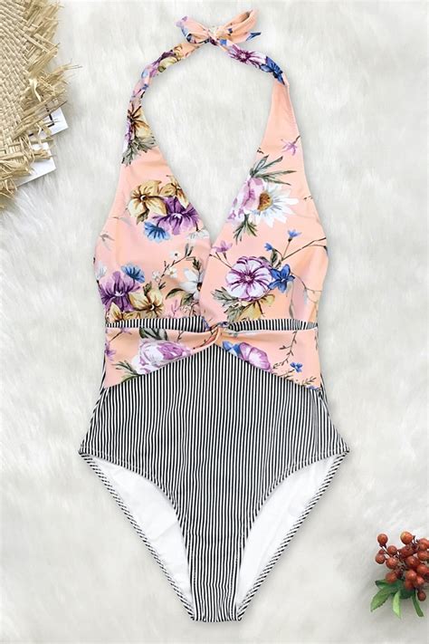 Pink Floral And Black Striped Halter One Piece Swimsuit