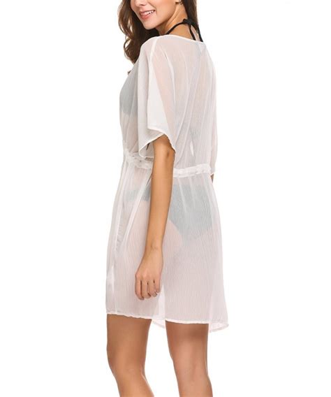 Women Sexy Sheer Batwing Sleeve Drawstring Chiffon Cardigan Beach Swimsuit Bikini Cover Up Off