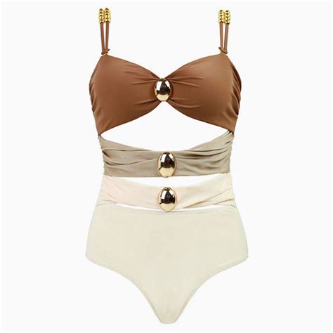 Vintage Metallic Ball Color Block Ruched Cutout Bandeau One Piece Swim