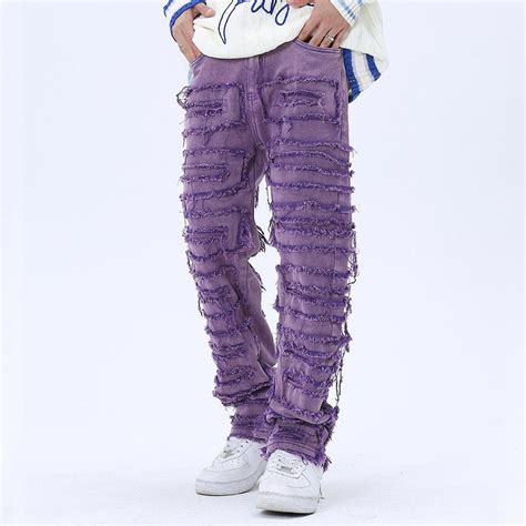 Purple Streetwear Stacked Denim Jeans Distressed Jeans Etsy