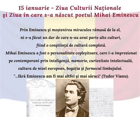 15 ianuarie Ziua Culturii Naționale și Ziua în care s a născut poetul