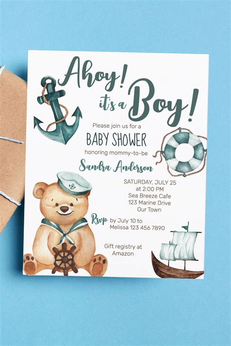 Ahoy It's a Boy Teddy Bear Baby Shower Budget Template Invitation