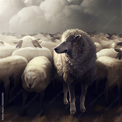 Wolf In Sheep S Clothing In The Herd Of Sheeps Ai Generated