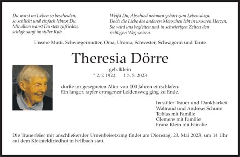 Traueranzeigen von Theresia Dörre stuttgart gedenkt de