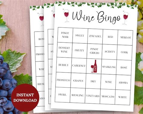 Wine Bingo Wine Tasting Game Printable Wine Themed Game Etsy